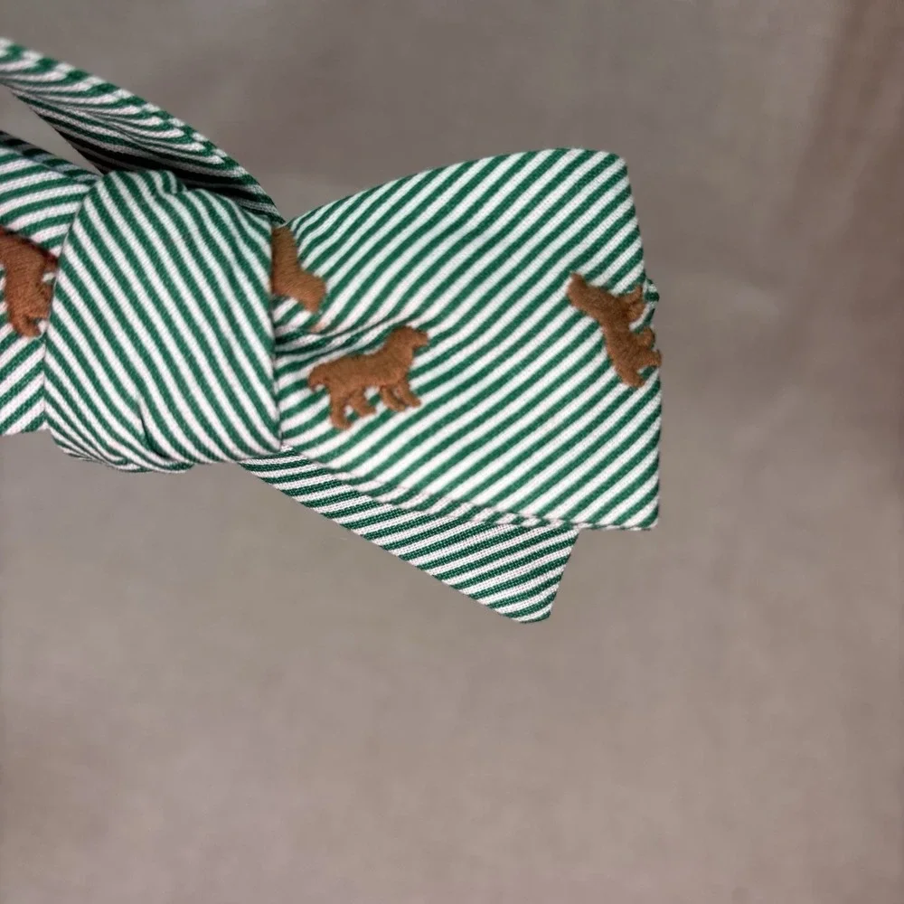 J.BAILEY Green Striped Cotton Dog Embroidered Adjustable Bow Tie. Youth Size